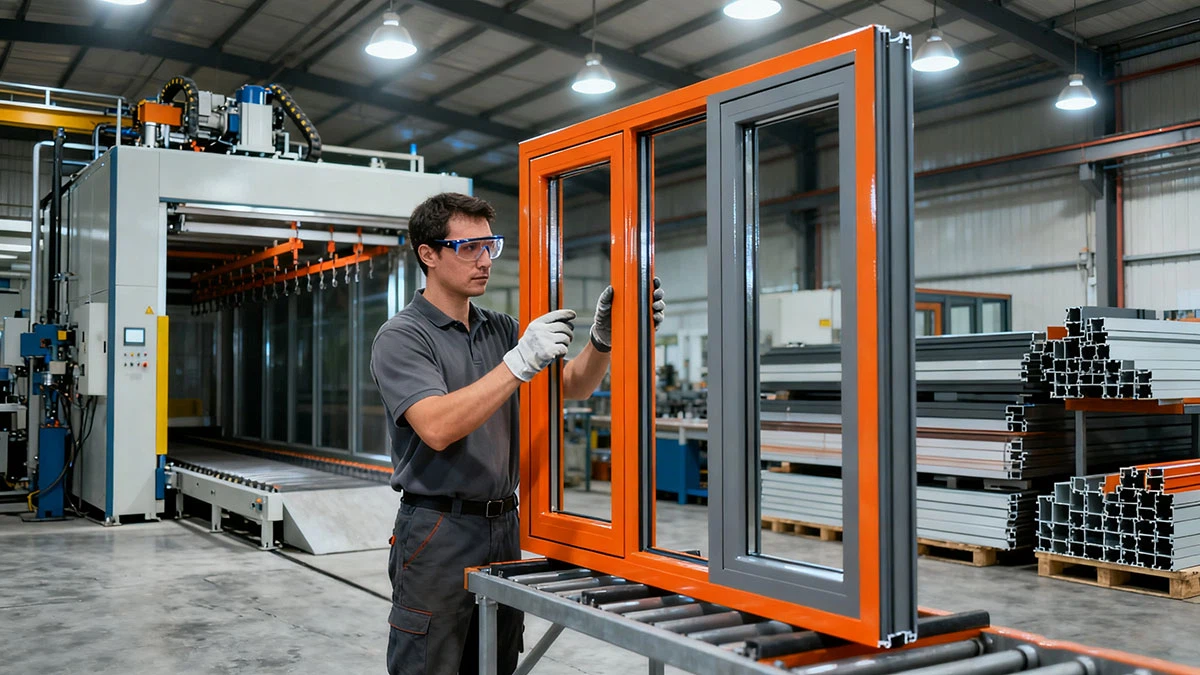 Factory workers producing colorful sunroom aluminum frames with powder coating process Factory workers producing colorful sunroom aluminum frames with powder coating process