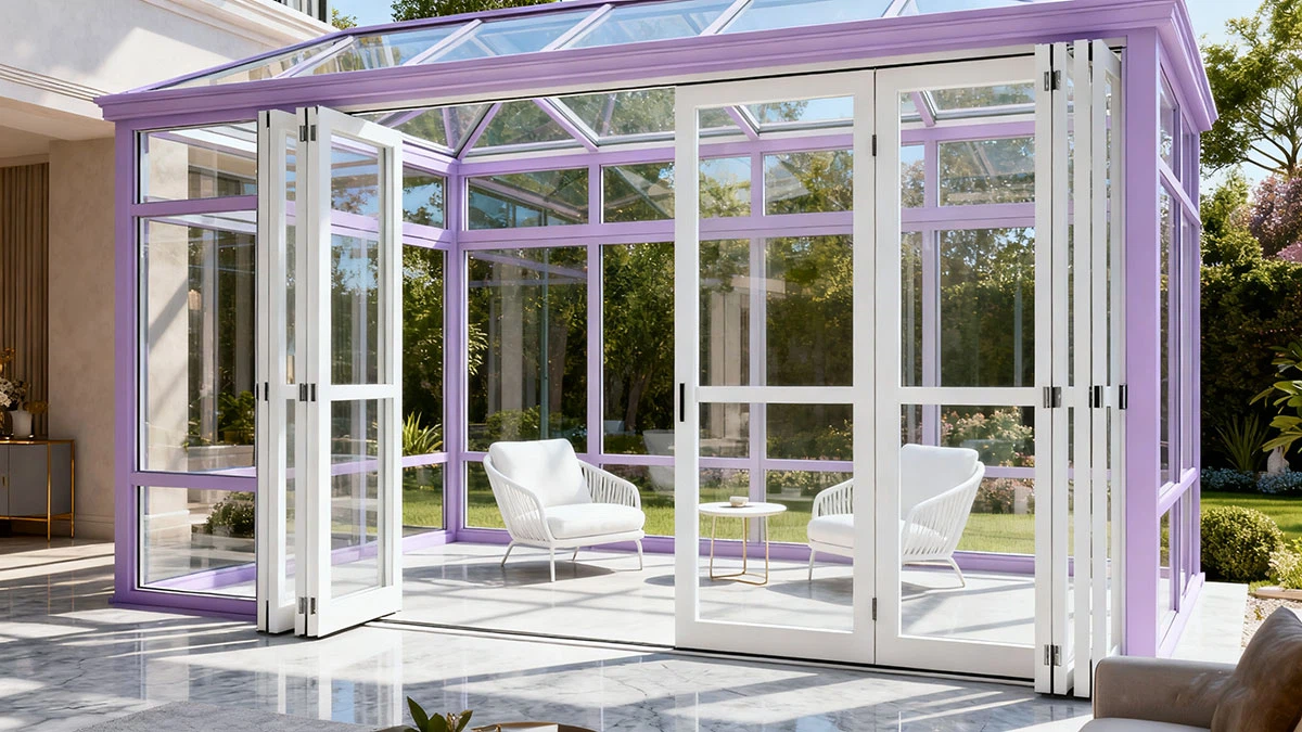 Completed colorful sunroom connected to modern living area with open sliding doors Completed colorful sunroom connected to modern living area with open sliding doors