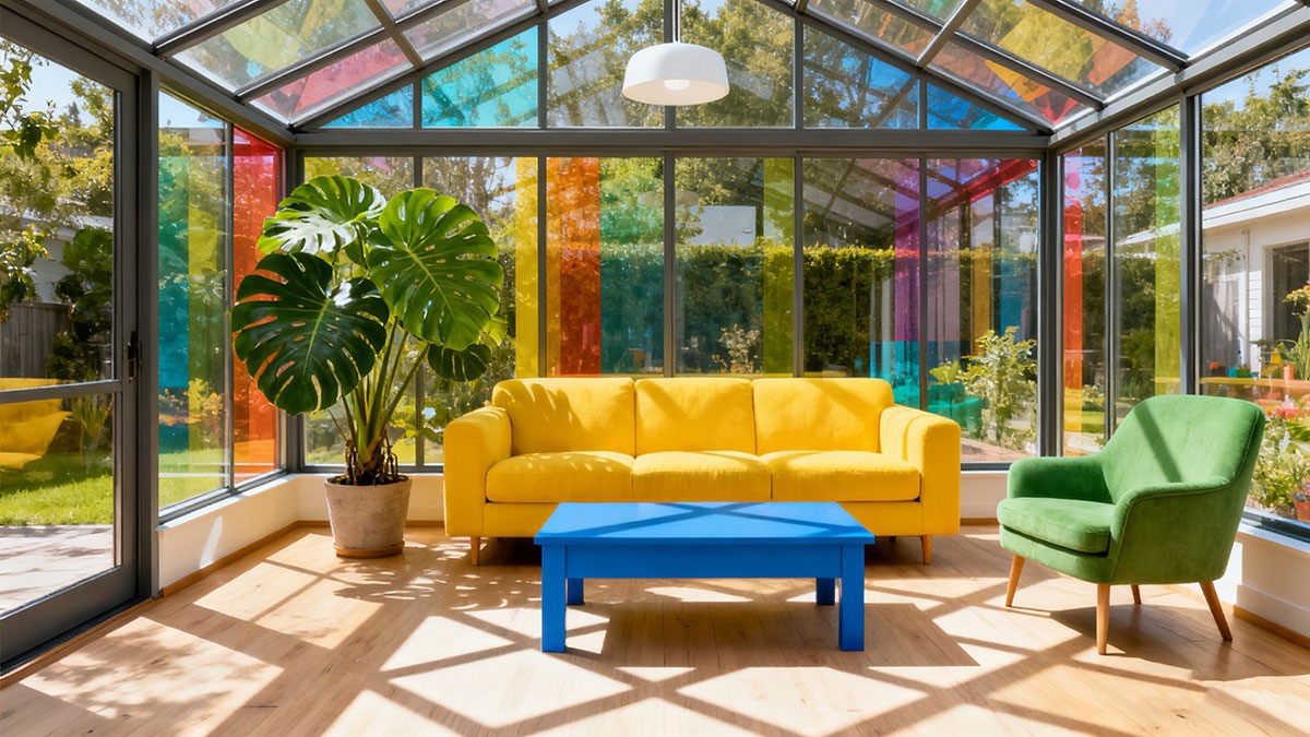 Interior view of colorful sunroom with panoramic glass walls and vibrant furniture